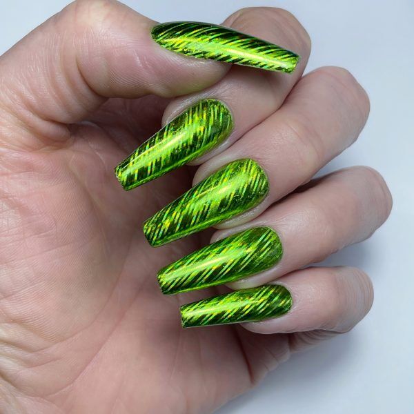 lime green holo lines nail art foil