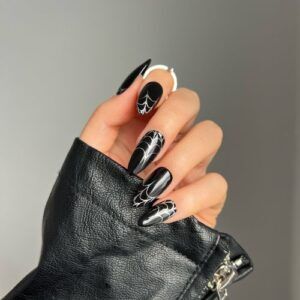 shiny black spider web nails