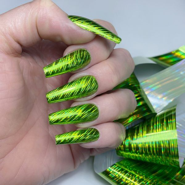 lime green holo lines nail art foil